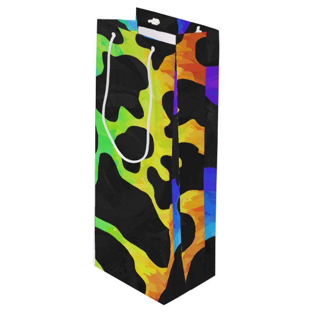 Cow Black and Rainbow Print Wine Gift Bag (Front Angled)