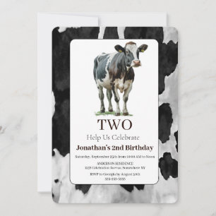 Cow Black and White 2nd Birthday Invitation