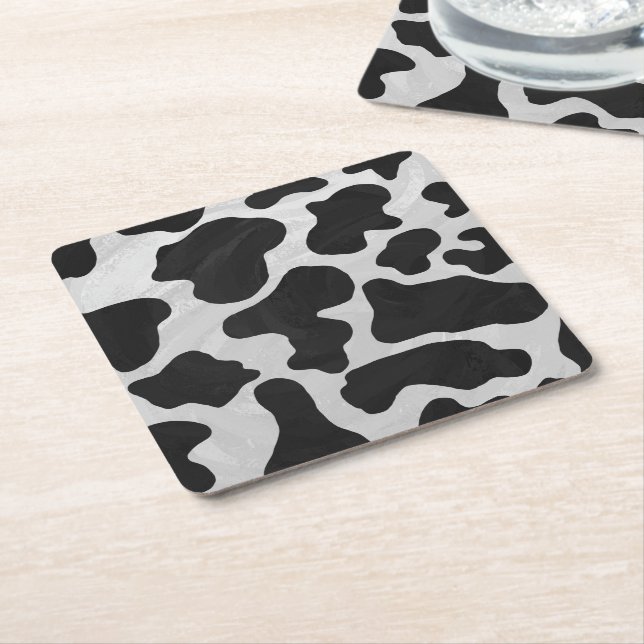Cow Black and White Print Square Paper Coaster (Angled)