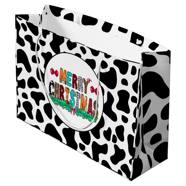 Cow Black White Patches Merry Christmas Large Gift Bag (Back Angled)