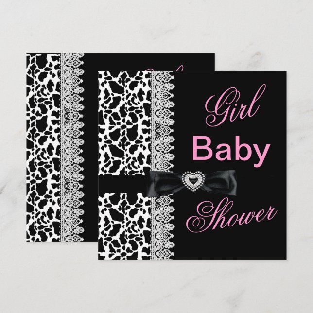 Cow black white Pink Girl Baby Shower Lace Invitation (Front/Back)