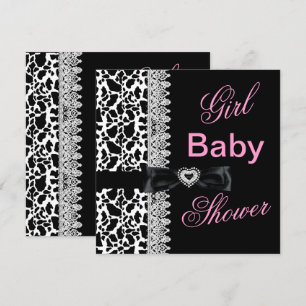 Cow black white Pink Girl Baby Shower Lace Invitation