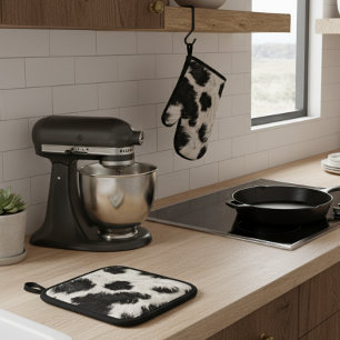 Cow Black White Spots Fur Oven Mitt & Pot Holder Set