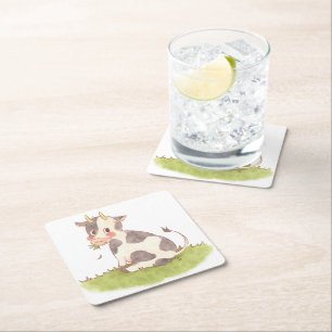 Cow Black White Spots Fur Square Paper Coaster
