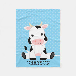 Cow Blue Polka Dot Personalised Boy Fleece Blanket