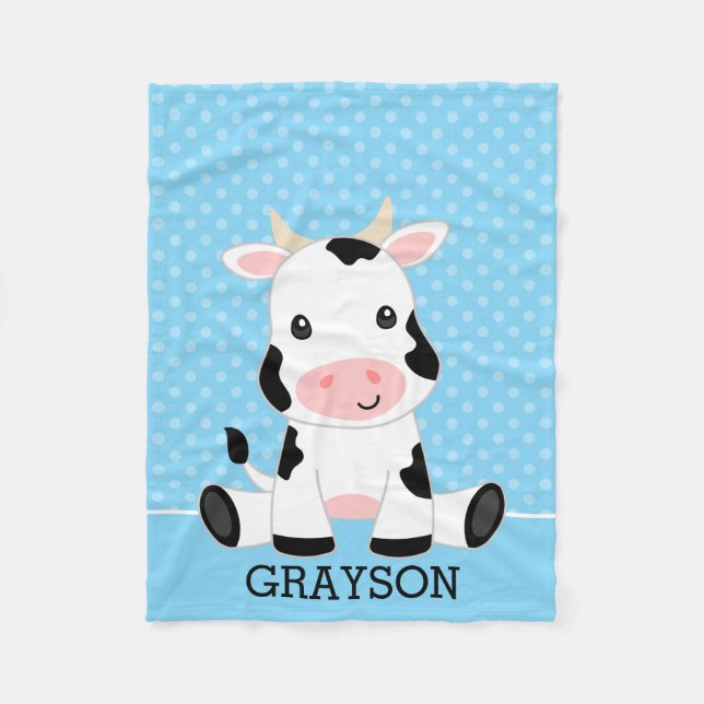 Cow Blue Polka Dot Personalised Boy Fleece Blanket (Front)