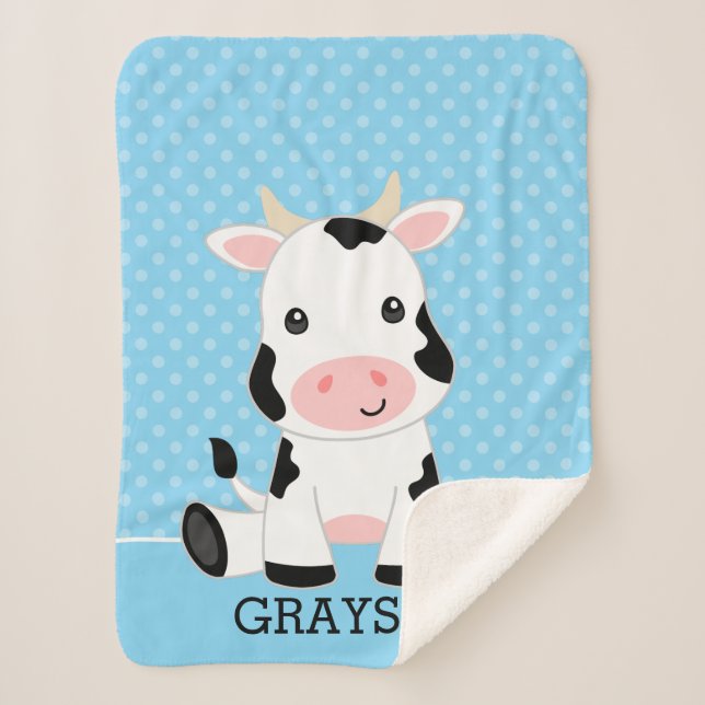 Cow Blue Polka Dot Personalised Boy Sherpa Blanket (Front)