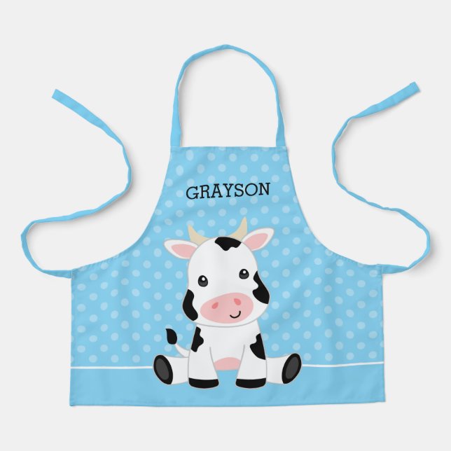 Cow Blue Polka Dot Personalised Kids Apron (Front)