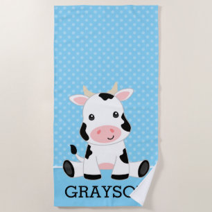 Cow Blue Polka Dot Personalised Kids Beach Towel