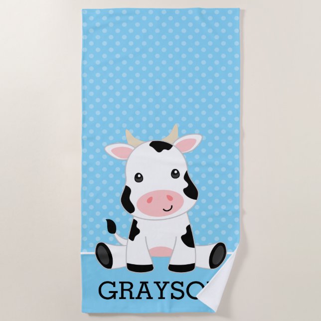 Cow Blue Polka Dot Personalised Kids Beach Towel (Front)