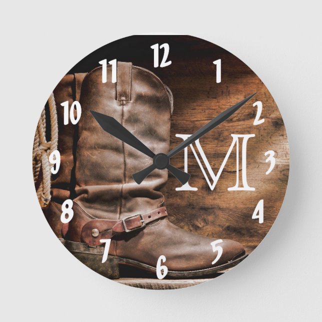 Cow Boy Boots Spur Cou Monogram Initial Wall Clock (Front)