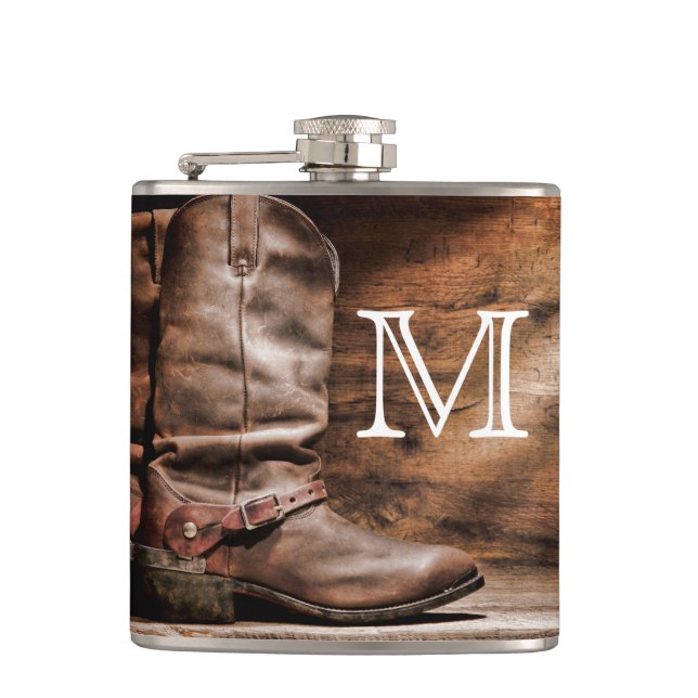 Cow Boy Boots Spur Country Monogram Whiskey Flask (Front)