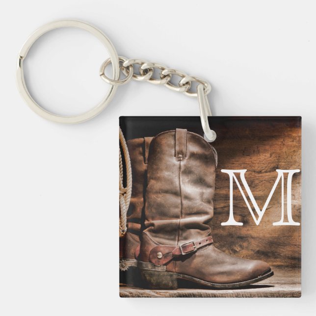 Cow Boy Boots Spur Country Rope Wood Key Chain (Front)
