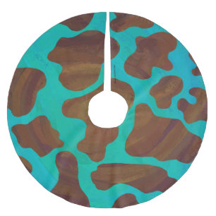 Cow Brown and Teal Print Brushed Polyester Tree Skirt