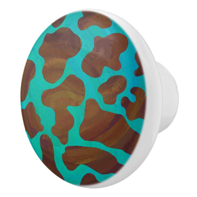 Cow Brown and Teal Print Ceramic Knob (Right)