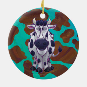 Cow Brown and Teal Print Ceramic Tree Decoration