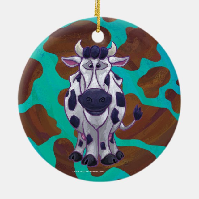 Cow Brown and Teal Print Ceramic Tree Decoration (Back)