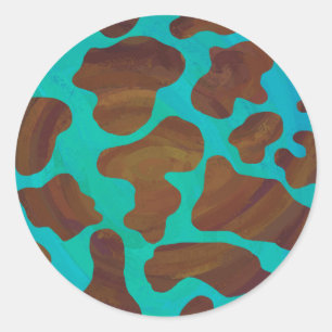 Cow Brown and Teal Print Classic Round Sticker