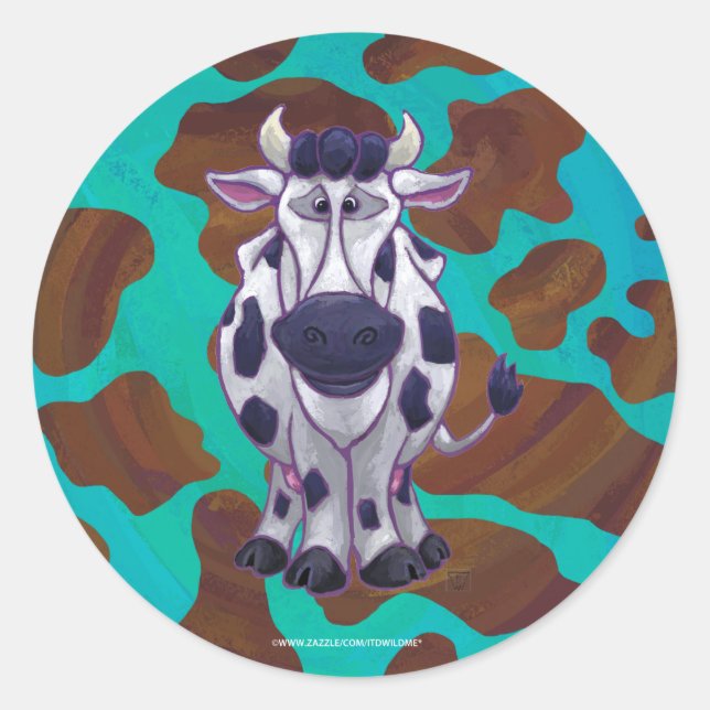 Cow Brown and Teal Print Classic Round Sticker (Front)