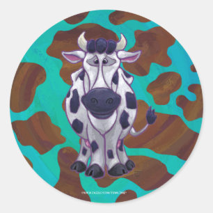 Cow Brown and Teal Print Classic Round Sticker