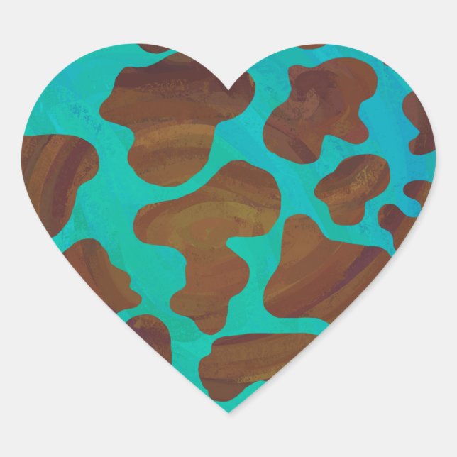 Cow Brown and Teal Print Heart Sticker (Front)