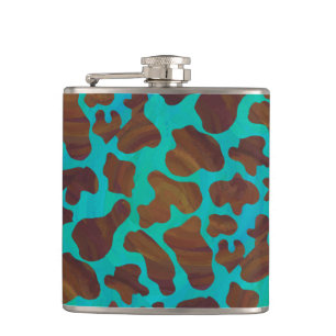 Cow Brown and Teal Print Hip Flask