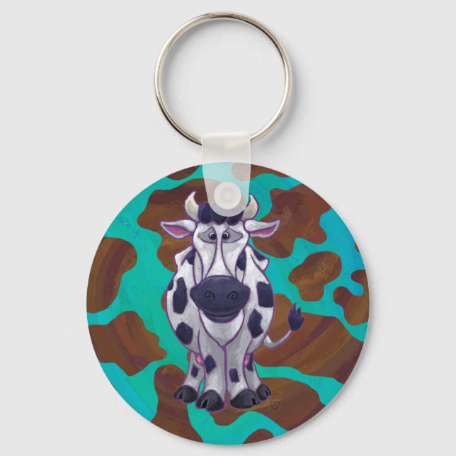 Cow Brown and Teal Print Key Ring (Front)