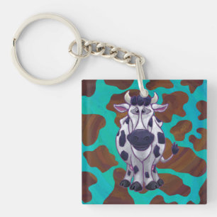 Cow Brown and Teal Print Key Ring