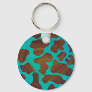 Cow Brown and Teal Print Key Ring