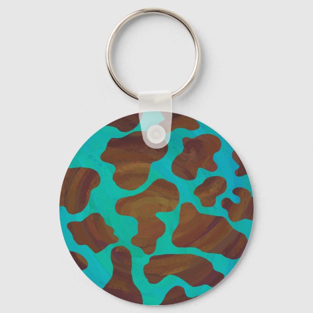 Cow Brown and Teal Print Key Ring (Front)