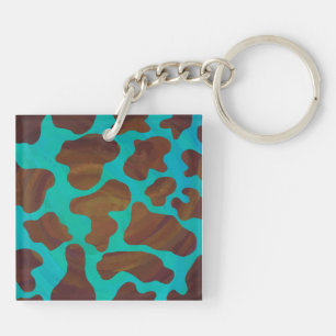 Cow Brown and Teal Print Key Ring