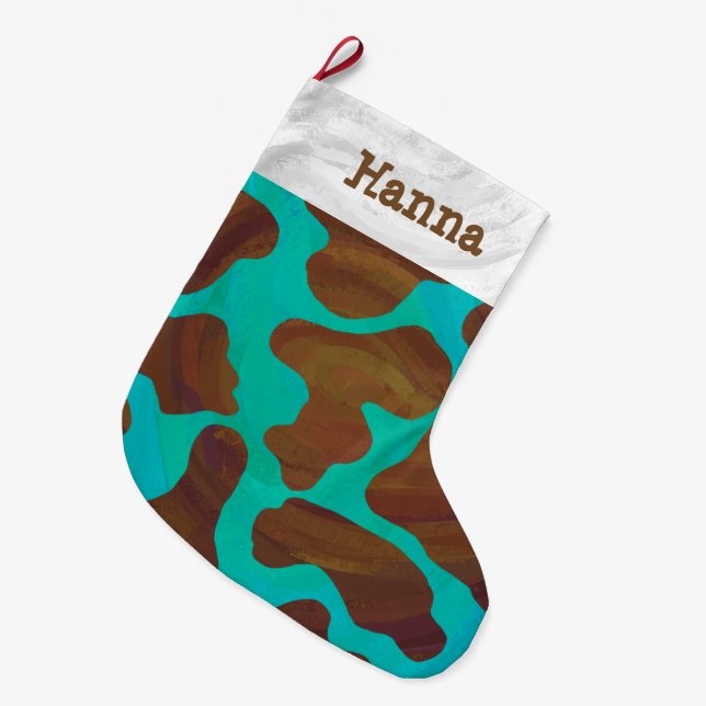 Cow Brown and Teal Print Large Christmas Stocking (Front (Hanging))