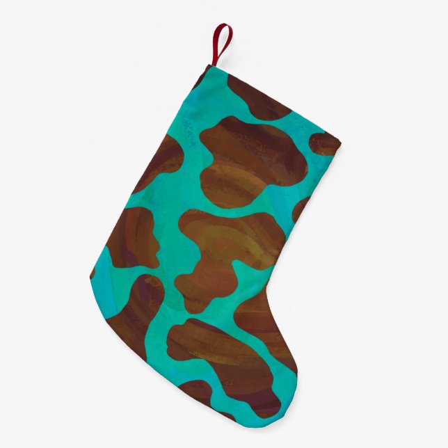 Cow Brown and Teal Print Small Christmas Stocking (Front (Hanging))