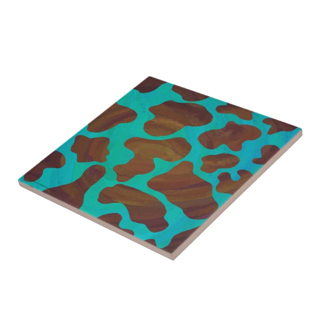 Cow Brown and Teal Print Tile (Side)