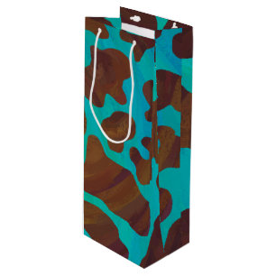 Cow Brown and Teal Print Wine Gift Bag