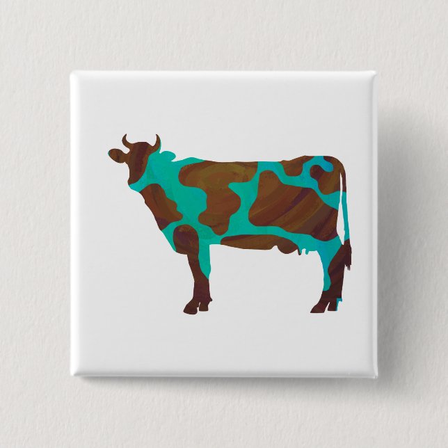Cow Brown and Teal Silhouette 15 Cm Square Badge (Front)