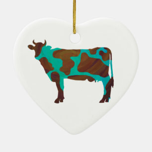 Cow Brown and Teal Silhouette Ceramic Tree Decoration