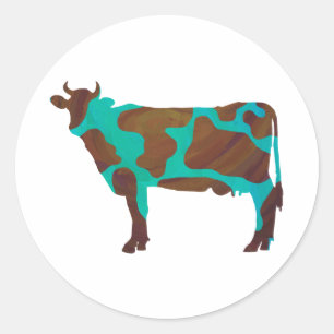 Cow Brown and Teal Silhouette Classic Round Sticker