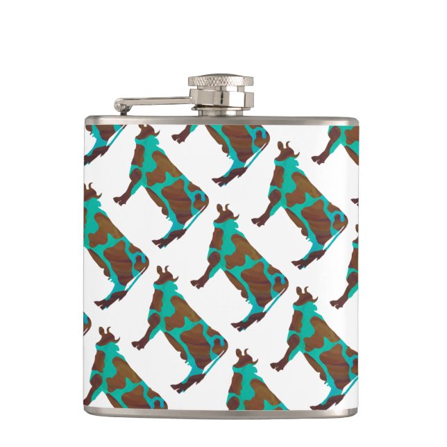 Cow Brown and Teal Silhouette Hip Flask (Front)