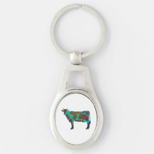 Cow Brown and Teal Silhouette Key Ring