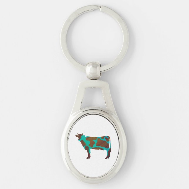 Cow Brown and Teal Silhouette Key Ring (Front)