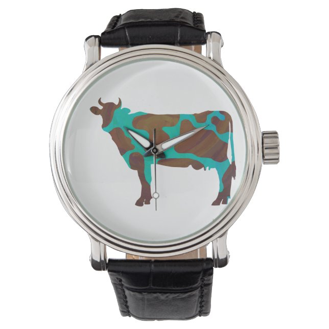 Cow Brown and Teal Silhouette Watch (Front)