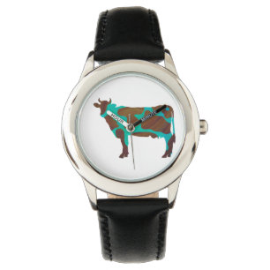 Cow Brown and Teal Silhouette Watch