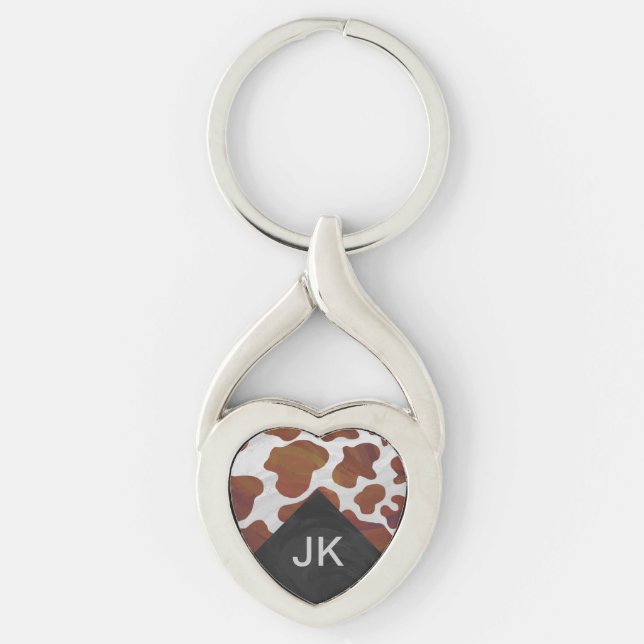 Cow Brown and White Monogram Key Ring (Front)