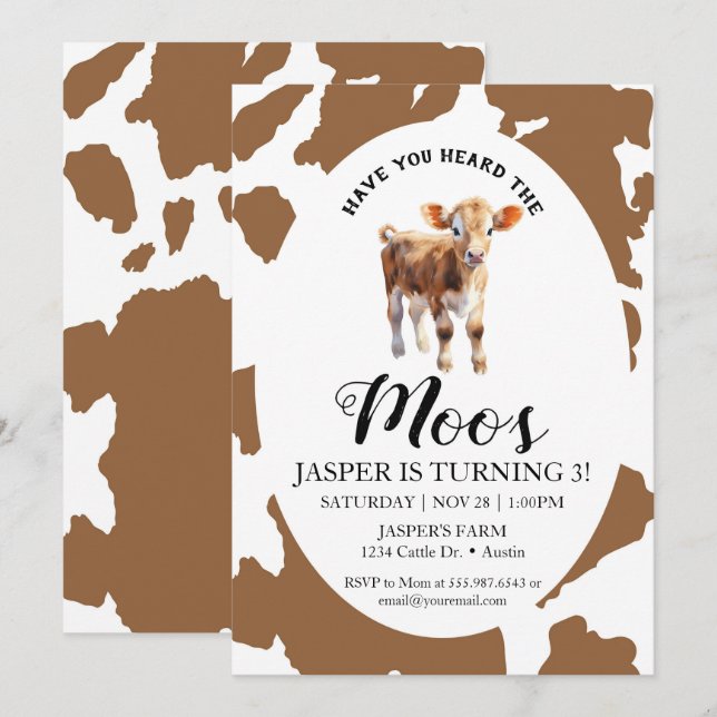 Cow Brown Print Birthday Have You Heard The Moos Invitation (Front/Back)