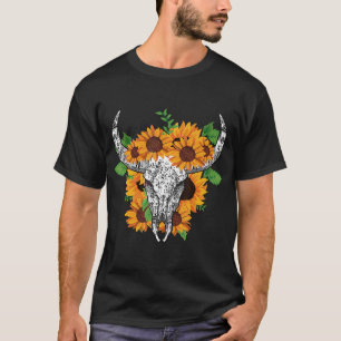 Cow Bull Skull Sunflower Distressed T-Shirt