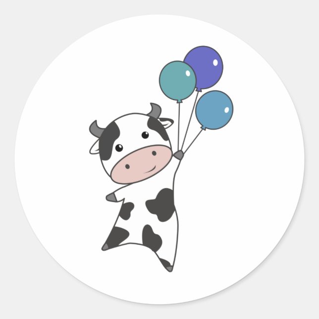 Cow Calf Flies Balloons Cute Animals Classic Round Sticker (Front)