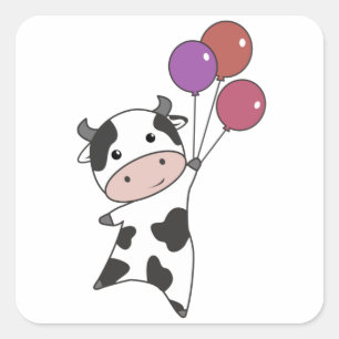 Cow Calf Flies Balloons Cute Animals Square Sticker