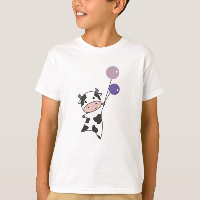Cow Calf Flies Balloons Upwards Cute Animals T-Shirt (Front)