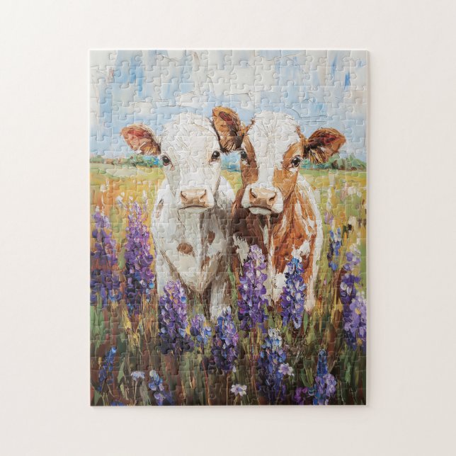 Cow Calves Lupine Flowers Painting Jigsaw Puzzle (Vertical)